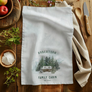 Waterverf Winter Pine Forest Family Cabin Theedoek