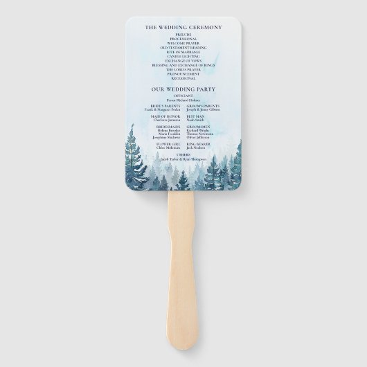 Waterverf Winter Pine Forest Wedding Programma Handwaaier (Achterkant)