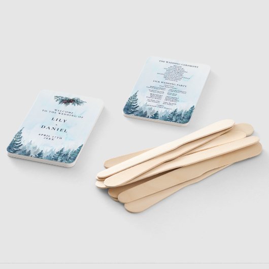 Waterverf Winter Pine Forest Wedding Programma Handwaaier (Niet-gemonteerd)