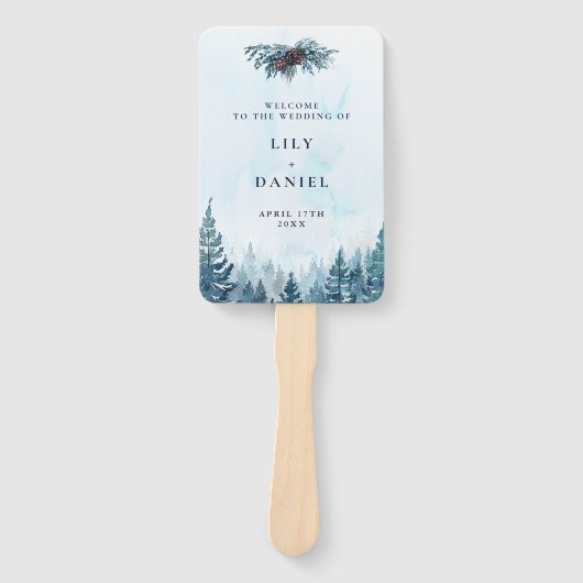 Waterverf Winter Pine Forest Wedding Programma Handwaaier (Voorkant)