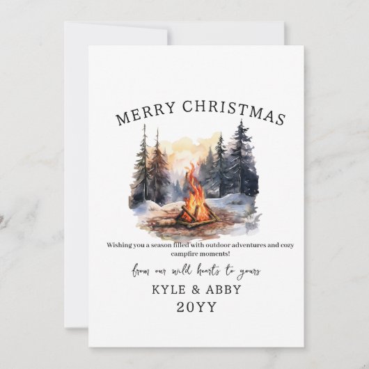 Waterverf Winter Pine Tree Bonfire Christmas Kaart (Voorkant)