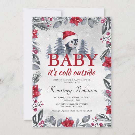 Waterverf Winter Pinguin Baby shower Uitnodiging (Voorkant)