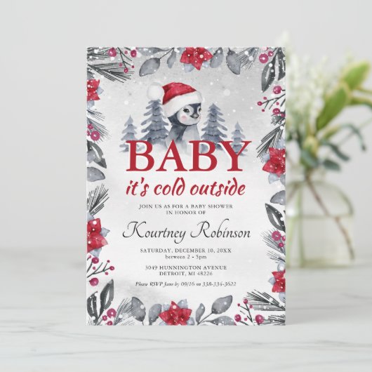 Waterverf Winter Pinguin Baby shower Uitnodiging (Staand voorkant)