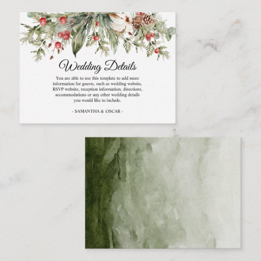Waterverf Winter Poinsettia & Green Pine Tree Informatiekaartje (Voorkant / Achterkant)