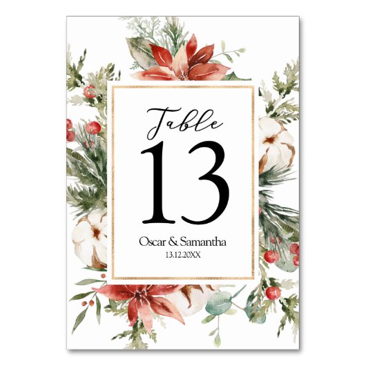 Waterverf Winter Poinsettia & Green Pine Tree Kaart (Voorkant)