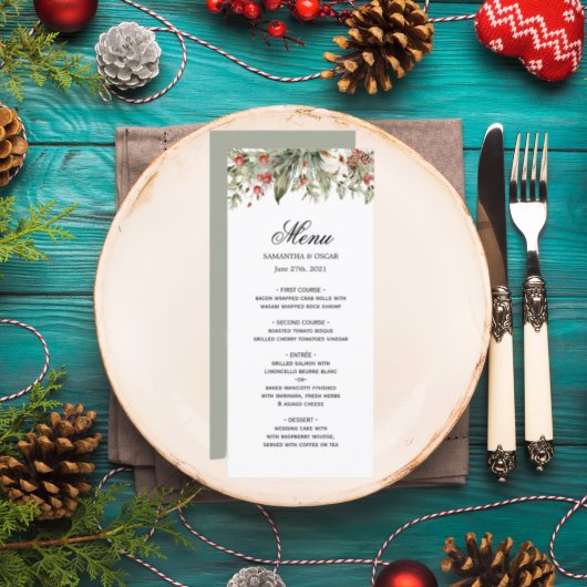 Waterverf Winter Poinsettia & Green Pine Tree Menu