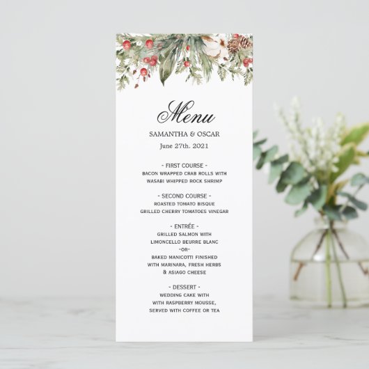 Waterverf Winter Poinsettia & Green Pine Tree Menu (Staand voorkant)