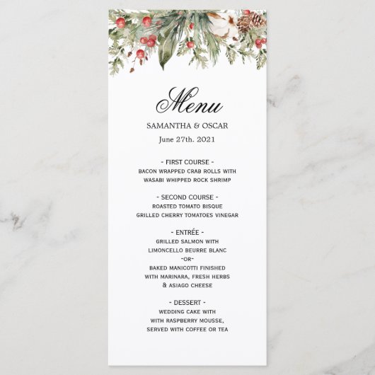 Waterverf Winter Poinsettia & Green Pine Tree Menu (Voorkant)