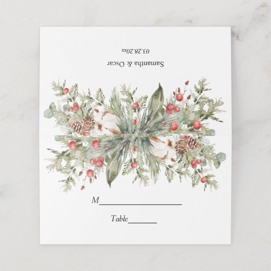 Waterverf Winter Poinsettia & Green Pine Tree Plaatskaartje (Buitenkant ongevouwen)