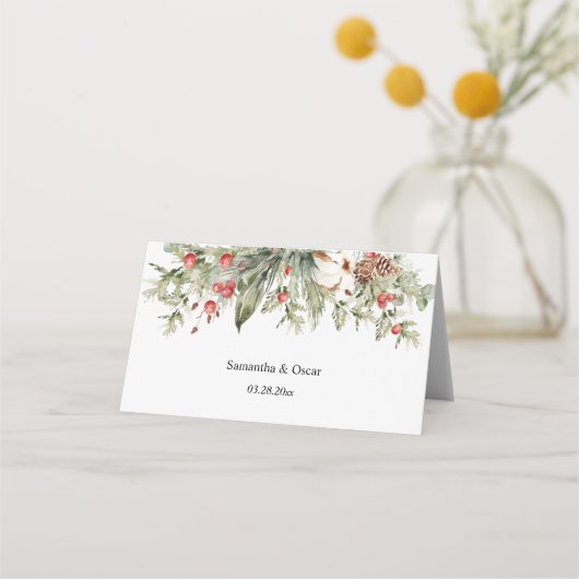 Waterverf Winter Poinsettia & Green Pine Tree Plaatskaartje (Achterkant)