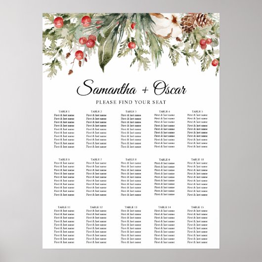 Waterverf Winter Poinsettia & Green Pine Tree Poster (Voorkant)