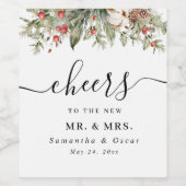 Waterverf Winter Poinsettia & Green Pine Tree Wijn Etiket (Enkel label)