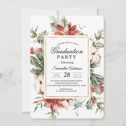 Waterverf Winter Poinsettia & Groene Pijnboom  Kaart (Voorkant)