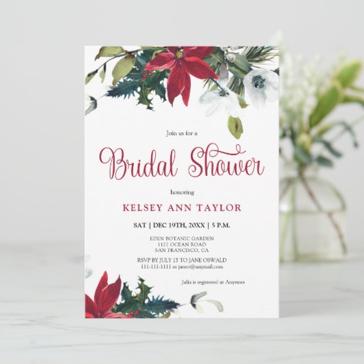 Waterverf Winter Poinsettia Vrijgezellenfeest Kaart (Staand voorkant)