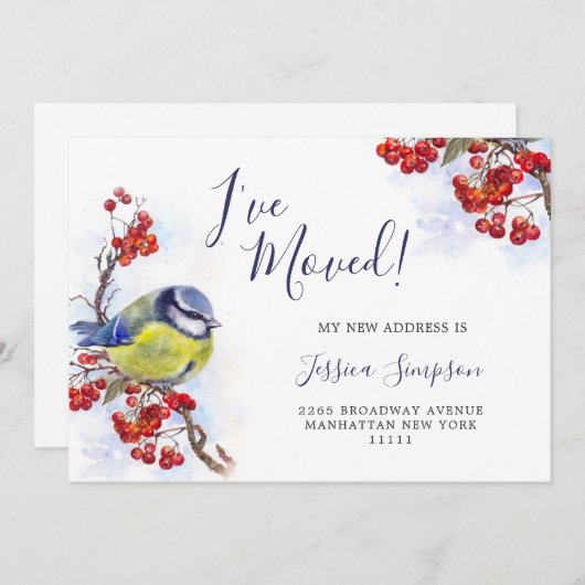 Waterverf Winter Redberry Tit Bird Moving Aankondiging (Voorkant / Achterkant)