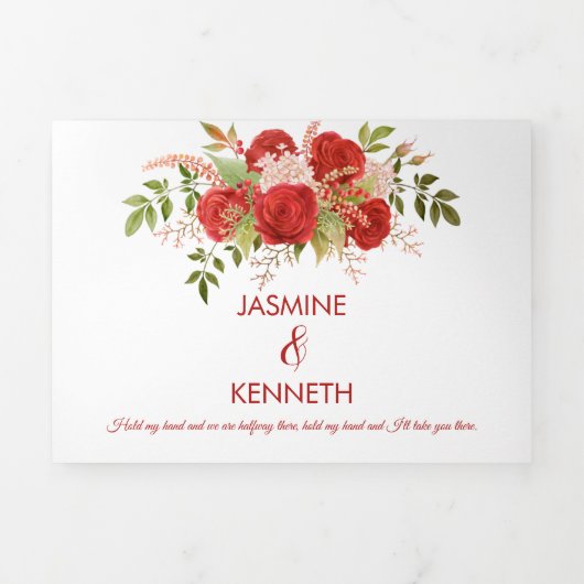 Waterverf Winter Rode Rozen en groen Bruiloft | Drieluik Uitnodiging (Cover)
