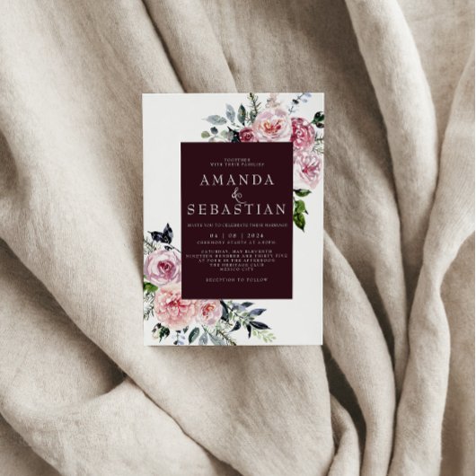 Waterverf Winter Roze Bloemen Lijst Trouwfeest Kaart