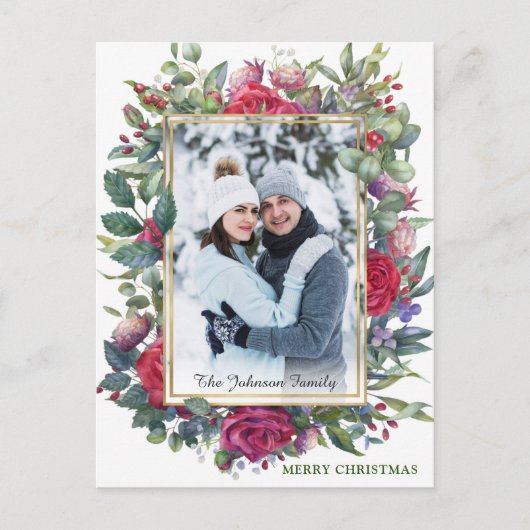 Waterverf Winter Rozen Bloemen Foto Kerstmis Briefkaart (Voorkant)