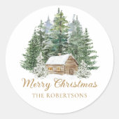 Waterverf Winter Rustieke Woodland Cabin Kerst Ronde Sticker (Voorkant)