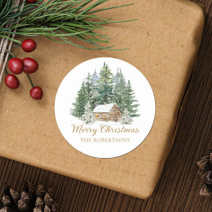 Waterverf Winter Rustieke Woodland Cabin Kerst Ronde Sticker