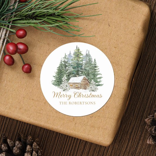 Waterverf Winter Rustieke Woodland Cabin Kerst Ronde Sticker