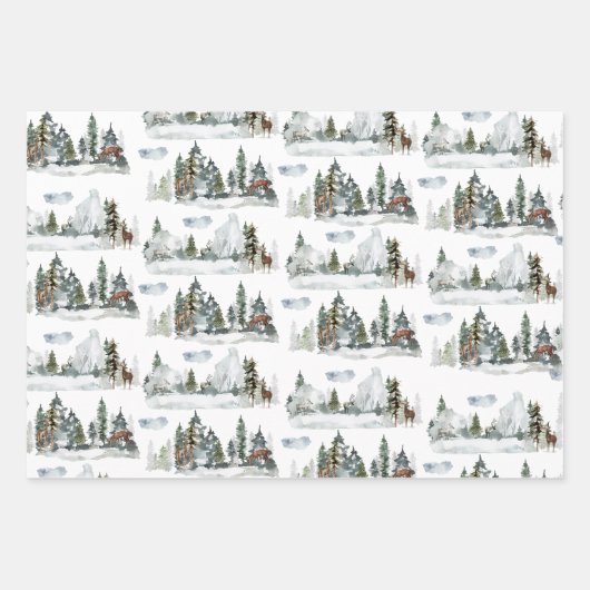 Waterverf Winter Scene Woodland Forest Reindeer Inpakpapier Vel (Voorkant 3)