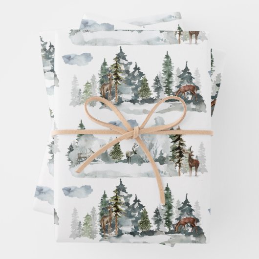 Waterverf Winter Scene Woodland Forest Reindeer Inpakpapier Vel (In situ)