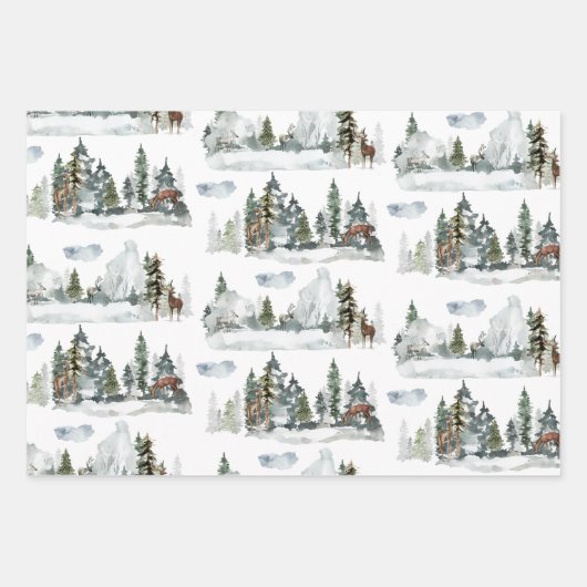 Waterverf Winter Scene Woodland Forest Reindeer Inpakpapier Vel (Voorkant)