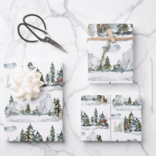 Waterverf Winter Scene Woodland Forest Reindeer Inpakpapier Vel