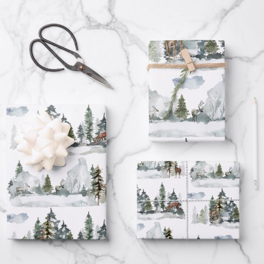 Waterverf Winter Scene Woodland Forest Reindeer Inpakpapier Vel (Voorkant)