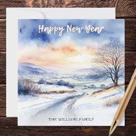 Waterverf Winter Sneeuw Landschap Gelukkig Nieuwja Feestdagenkaart