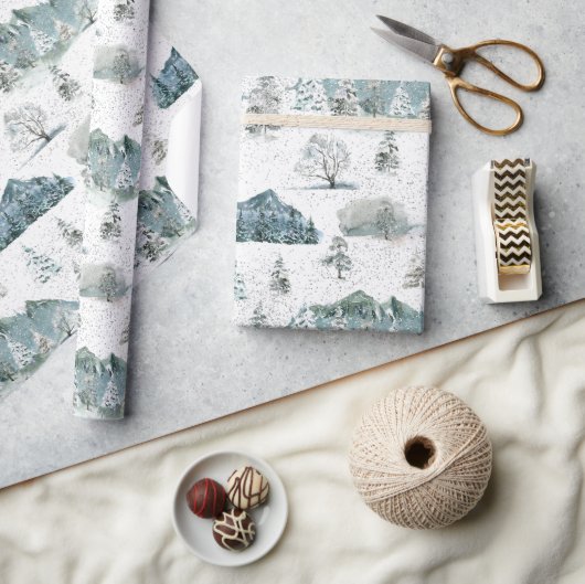 Waterverf Winter Sneeuwrijke Natuur Bomen Bergen Cadeaupapier (Crafts)