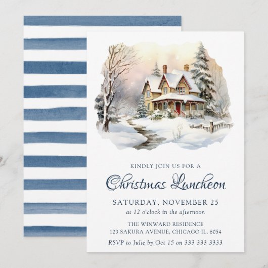 Waterverf Winter Sneeuwscène Kerstlunch Kaart (Voorkant / Achterkant)