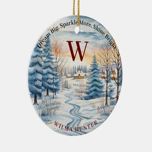 Waterverf Winter Sneeuwvlok Hut in bos Monogram Keramisch Ornament (Rechts)