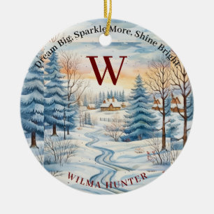 Waterverf Winter Sneeuwvlok Hut in bos Monogram Keramisch Ornament