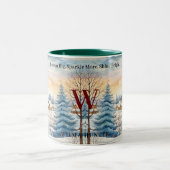 Waterverf Winter Sneeuwvlok Hut in bos Monogram Tweekleurige Koffiemok (Center)