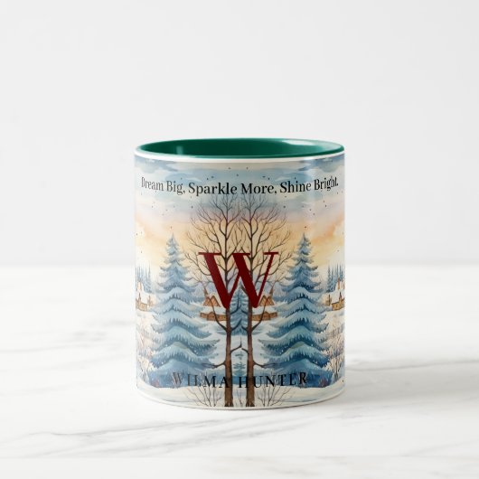 Waterverf Winter Sneeuwvlok Hut in bos Monogram Tweekleurige Koffiemok (Center)