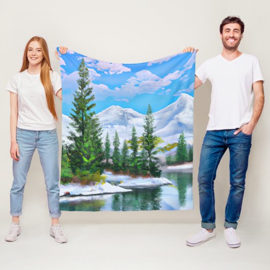 Waterverf Winter Snow Mountain Pine Trees Lake Fleece Deken (In situ)