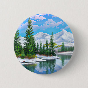 Waterverf Winter Snow Mountain Pine Trees Lake Ronde Button 5,7 Cm
