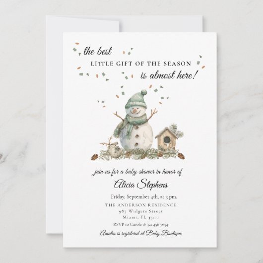 Waterverf Winter Snowman Baby shower Uitnodiging (Voorkant)