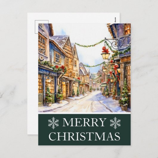 Waterverf Winter Straat Scène Kerstmis Kaart (Voorkant / Achterkant)