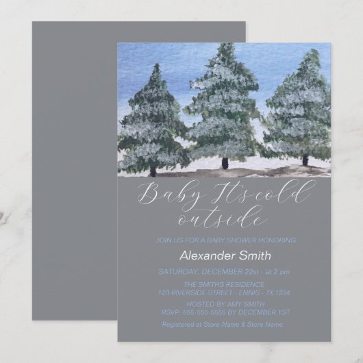 Waterverf Winter Tree Forest Boy Baby shower Kaart (Voorkant / Achterkant)