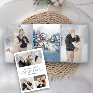 Waterverf Winter Village Foto Collage Kerstmis Drieluik Wenskaart