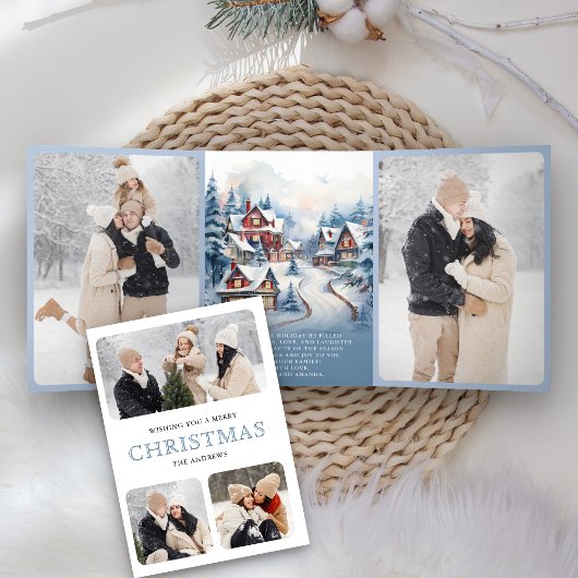 Waterverf Winter Village Foto Collage Kerstmis Drieluik Wenskaart