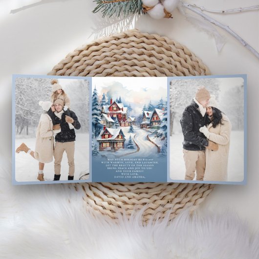 Waterverf Winter Village Foto Collage Kerstmis Drieluik Wenskaart