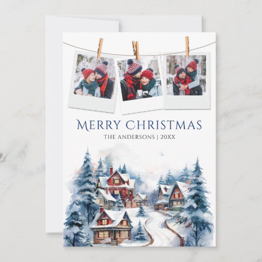 Waterverf Winter Village Foto Collage Kerstmis Feestdagenkaart (Voorkant)