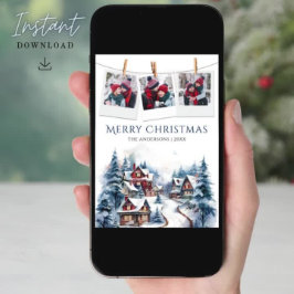 Waterverf Winter Village Foto Collage Kerstmis Feestdagenkaart