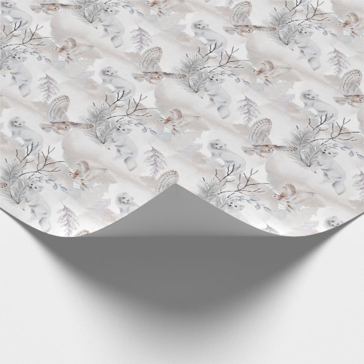 Waterverf Winter White Owl Snow Fox Pattern Cadeaupapier (Hoek)