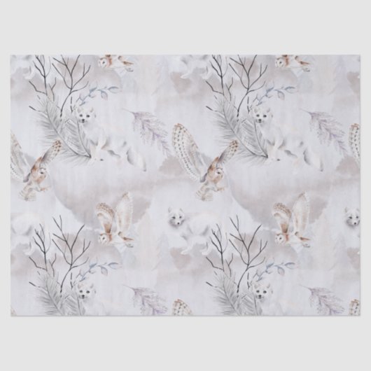 Waterverf Winter White Owl Snow Fox Pattern Tissuepapier (Voorkant)