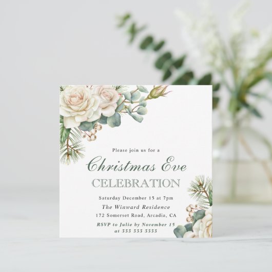 Waterverf Winter White Rose kerstavond Kaart (Staand voorkant)